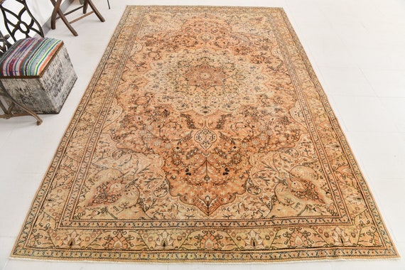 6x10 Unique Rug, 6x10 Peach Vintage Unique Rug, 6x10, Wool Handmade Antique, 6x10 Rug, 6x10 Vintage Rug, Peach Red & Brown Rug, 58s Rugs