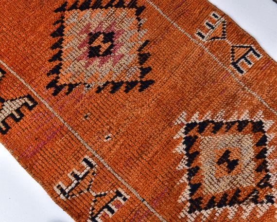 2x12 Pumpink Orange Blue Vintage Runner Rug, 2x12 Vintage Runner, 2x12 Rug, Handmade Oriental Rug, 2x12 Runner Rug, 2x12 Oushak Runner, 60s