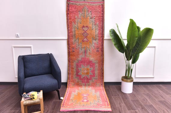 3x9 Vintage Faded Runner Rug, Mustard Peach Color, Hallway Kithcen Runner, Traditional Pattern, Soft Wool Anatolian Rug
