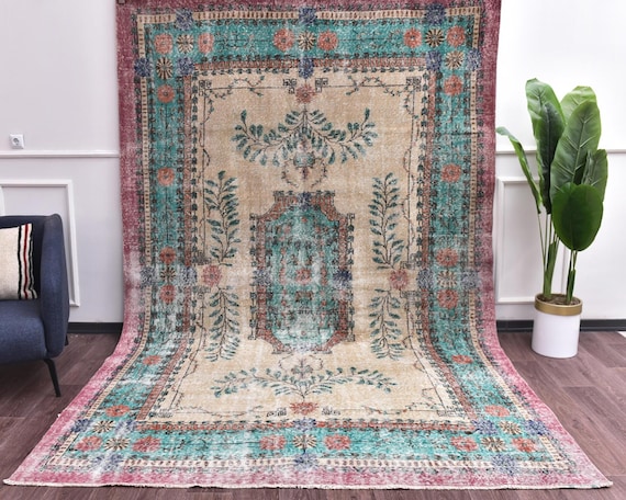 7x11 Vintage Handmade Medallion Faded Traditional Rug, Green Burgundy Color