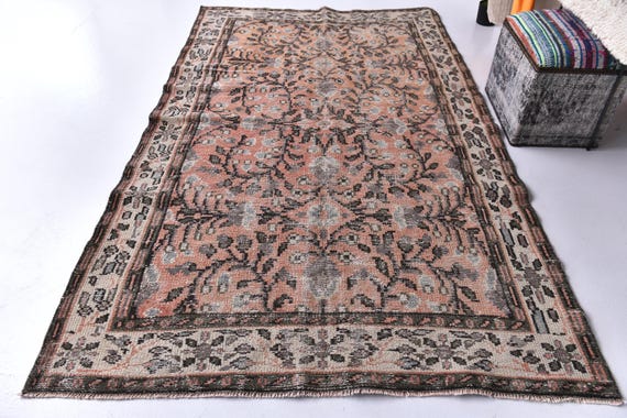 5x8 Vintage Turkish Rug, 5x8 Handmade Wool Rugs, Mint Terracotta Black Cream Color, 5x8 Floral Design,  5x8 Area Rugs, Living Room Rugs