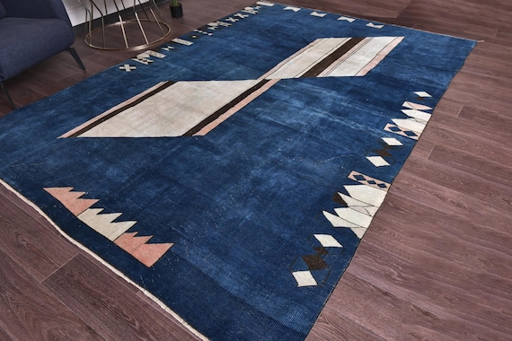 7x10 Handmade Modern Turkish Rug, 7x10 Navy Blue White Rug, 7x10 Geometric Art Deco Rug, 7x10 Living Room Rug, 7x10 Oushak Rug, Soft Rug