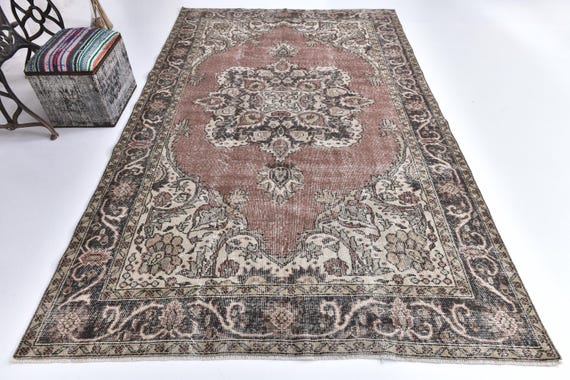 6x10 Vintage Rustic Area Rug, 6x10 Muted Pink Gray Rug,  Medallion Rug, 6x10 Large Living Room Rug, 6x10 Vintage Rug, Rustic Home Decor 6x10