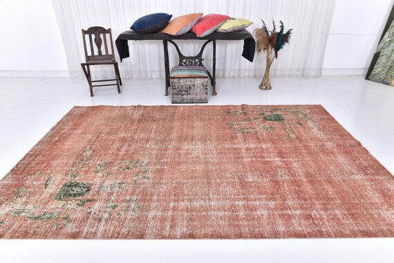 7x10 Scarlet & Green Floral Persian Style Rug, 7x10 Retro Designed Handmade Wool Rug, 7x10 Washable Rug, 7x10 Extra Large Vintage Area Rug,
