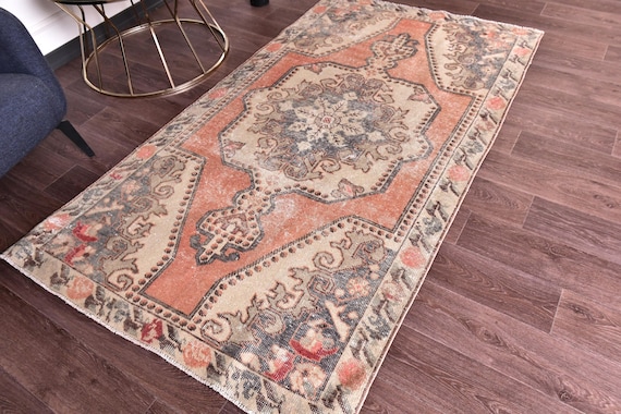 4x7 Vintage Turkish Accent Rug, Salmon, Blue Color, 4x7 Medallion Style, Handmade Wool Rug, 4x7 Oushak Rug, Oriental Rug 4x7 Area Rug