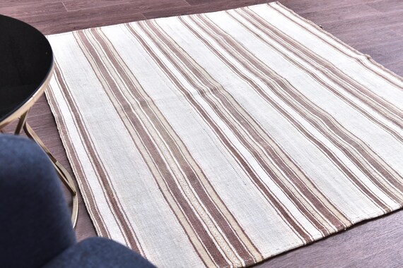 4x5 Vintage Striped Hemp Kilim Rug, Brown Ivory Color, 4x5 Handmade Jute Kilim Rug, 4x5 Accent Rug, 4x5 Area Rug, Farmhouse Hemp Rug,