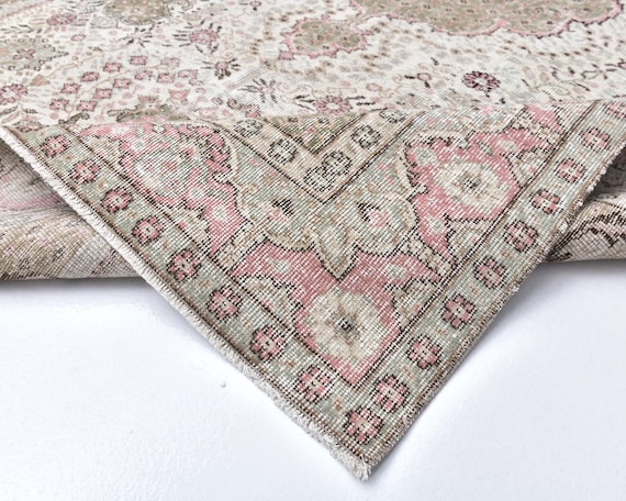 7x10 Pink and Green Persian Rug, 7x10 Persian Rug, 7x10 Rug, Large Handmade Wool Rug, 7x10 Area Rug, 7x10 Vintage Rug, Large Living Room Rug