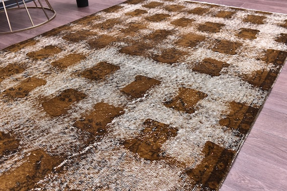 5x8 Vintage Overdyed Faded Rug, 5x8 Handmade Wool Rugs, Brown Mustard Color, 5x8 Ombre Design, 5x8 Area Rugs, Living Room Rugs