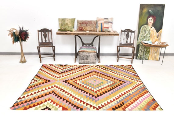 5x7 Kilim Rug, 5x7 Multicolor Geometric Kilim Rug, 5x7 Rug, Aesthetic Hand Woven Rug, 5x7 Turkish Kilim, Kilim Rug 5x7, Rug For Farmhouse