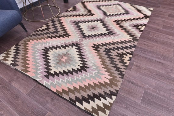 5x8 Turkish Vintage Kilim Rug, Traditional Area Rug, 5x8 Purple Black Green Rug, 5x8 Farmhouse Style Rug, Livingroom Bedroom Rug, 5x8 Rug