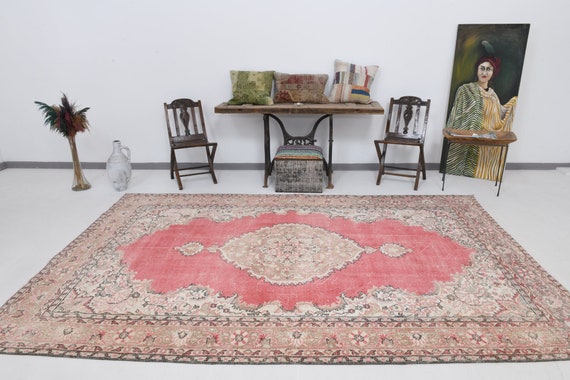 7x11 Area Rug, 7x11 OVERSIZE TURKISH VINTAGE Rug, Oversize Vintage Rug, Oversize Rug 7x11, Large Area Rug, Wool Handmade Persian, Blush Red