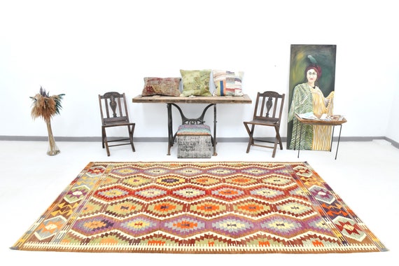 5x10 Turkish Vintage Kilim Rug, 5x10 Kilim Rug, 5x10 Rug, Handmade Wool Rug, 5x10 Area Rug, Purple Brown Kilim, Rug For Living Room, Gifts