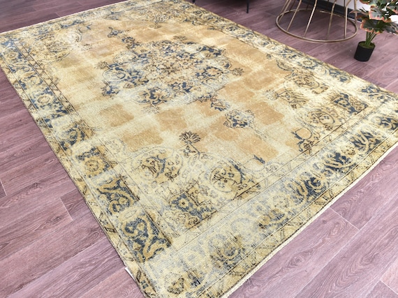 6x10 Vintage Turkish Overdyed Rug, Mustard Blue Color