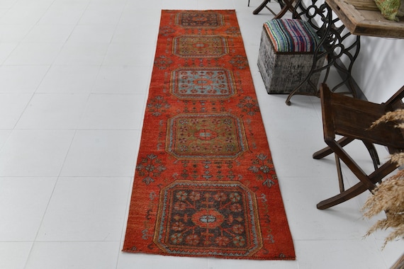 2x9 TURKISH VINTAGE RUNNER Rug, 2x9 Vintage Runner, Oushak Handmade Rug, 2x9 Rugs, Brunt Orange & Blue Rug, Vintage Runner Rug, Anatolian