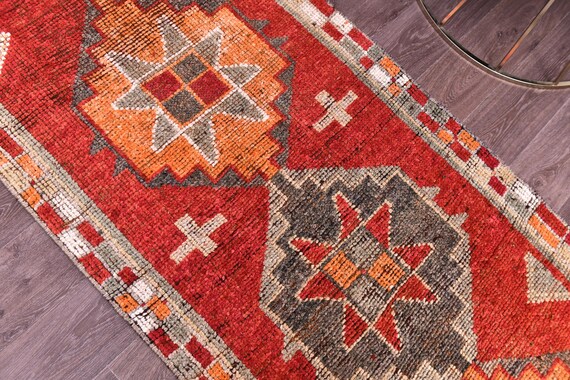 3x10 Vintage Soft Red Herki Runnner Rug, 3x10 Handmade Wool, 3x10 Geometric Medallion Runner, Red Gray Color, 3x10 Hallway Runner Rug,