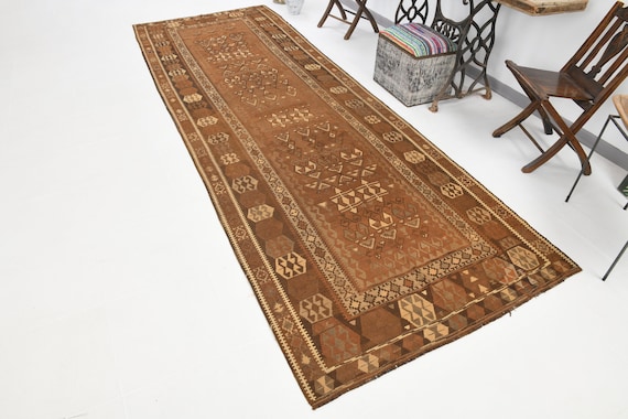 4x13 Vintage Turkish Brown Kilim Rug, 4x13 Handmade Area Rug, 4x13 Hallway or Kitchen Rug, 4x13 Soft Earth Tones Rug, 4x13 Kilim Rug