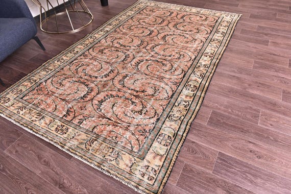 5x9 Vintage Peach Faded Rug, 5x9 Handmade Wool Rug, 5x9 Rug, Peach Green Color, 5x9 Living Room Bedroom Rug, 5x9 Area Rug,