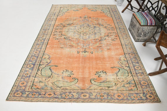 6x10 Turkish Vintage Rug, Orange and Blue Vintage Rug, Handmade Vintage Rug, 6x10 Area Rug, 6x10 Rug, 6x10, Farmhouse Turkey Rug Turkish Rug
