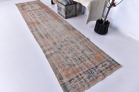 3x12 Vintage Faded Runner Rug, Handmade Wool Runner, 3x12Orange Blue Color, Hallway Rug, Turkish Faded Rug 3x12 Farmhouse Rug Kithcen Rug