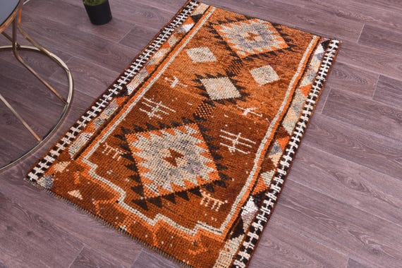 2x4 Orange Beige Doormat Rug, 2x4 Doormat Rug, 2x4 Rug, Hand-Knotted Wool Rug, 2x4 Area Rug, 2x4 Vintage Doormat Rug, Bedroom Accent Rug