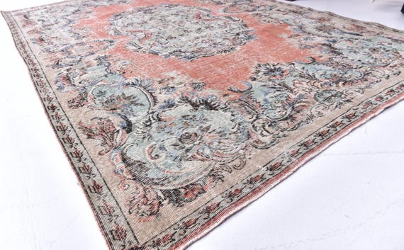 7x10 Oversize Vintage Rug, Pink Green Color, 7x10 Handmade Wool Rug, 7x10 Living Room Dining Room Rug, 7x10 Area Rug, 7x10 Shabby Chic Rug