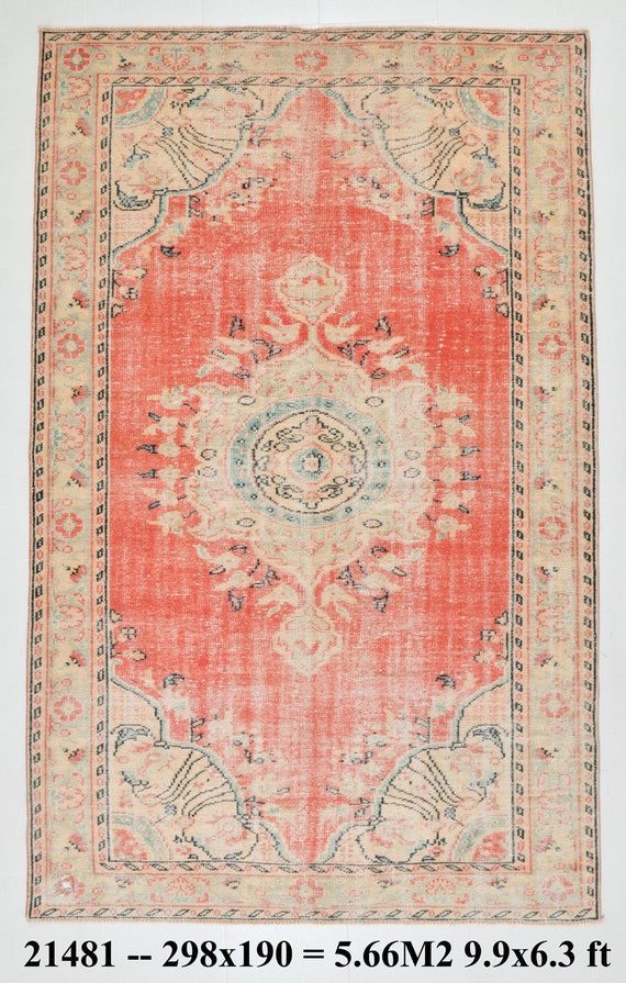 6x10 Coral Orange Vintage Rug, 6x10, Orange Vintage Rug, Handmade Oushak Rug, 6x10 Area Rug, Vintage Rug 6x10, Coral Orange Beige, 60s Rugs