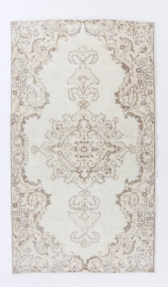 4x7 Turkish Medallion Rug, 4x7 Vintage Area Rug, Beige White Color Rug, 4x7 Handmade Wool Rug, Decorative Rug 4x7 Bedroom Rug, Area Rug