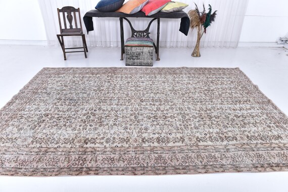 Antique Vintage Turkish Rug, 7x10 Rug, 7x10 Soft Pastel Rug, 7x10 Rug, Aesthetic Handmade Wool Rug, Brown Beige Carpet, 7x10 Vintage Rug,