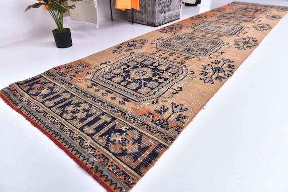 3x11 Vintage Turkish  Kilim Runner, Herki Style Blue & Orange Luxury Long Runner Rug, Vintage Kilim Runner Long Kitchen Entrway Carpets