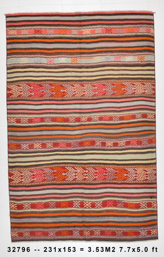 5x7 Area Rug, 5x7 TURKEY VINTAGE KILIM Rug, 5x7, Kilim Area Rug, Wool Handmade Turkey, Red & Orange Kilim Rug, Rug For Bedroom, Boho Styles