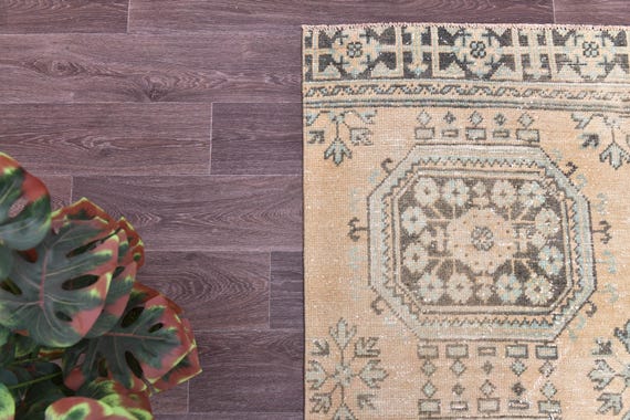 2x11 Vintage Faded Geometric Runner Rug, Muted Terracotta Mint Green Color, 2x11 Handmade Wool Rug, Hallway Kitchen Runner Rug, 2x11 Rugs