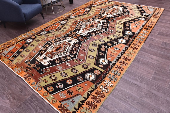 7x12 Vintage Turkish Kilim Rug, Area Rugs, Handmade Wool Jute Rug, 7x12 Living Room Bedroom Rug, Orange Black Green Color, 7x12 Kilim Rug,