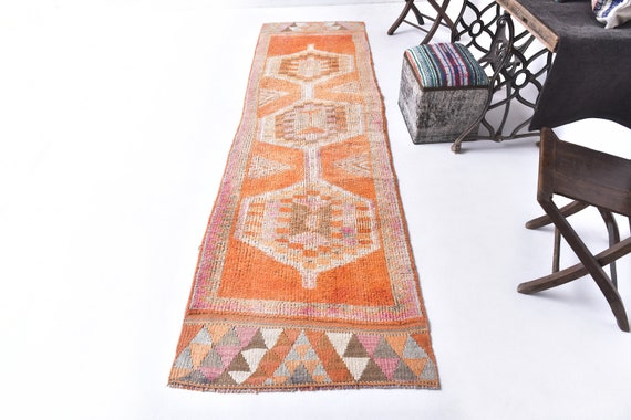 3x11 Pumpink Orange Vintage Runner Rug, 3x11 Vintage Runner, 3x11 Rug, Handmade Wool Rug Herk, 3x11 Runner Rug ,3x11 Herki Runner, Gift Rugs