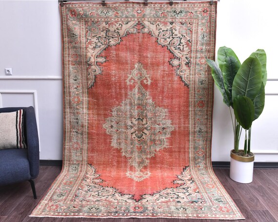 6x9 Vintage Distressed Medallion Handmade Floral Red Green Rug