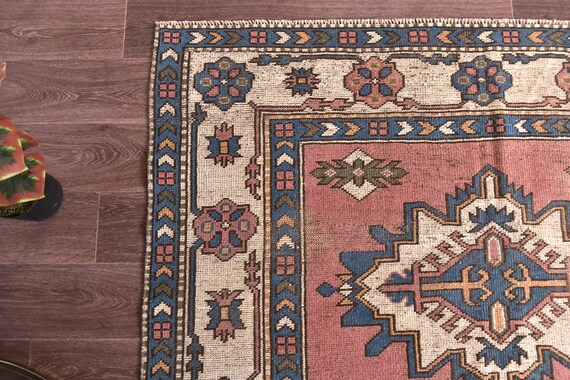 5x8 Vintage Turkish Area Rug, 5x8 Handmade Wool Rug, Red Blue Color, 5x8 Medallion Design, Faded Rug, 5x8 Persian Style Rug, Living Room Rug