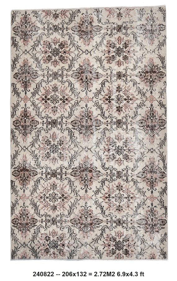 4x7 cream brown Area Rug, 4x7 Floral Vintage rug, 4x7 RETRO TURKISH VINTAGE Rug, 4x7 antique Wool Oushak rug Brown & Beige Carpet,