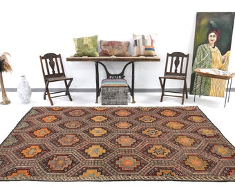 6x9 TURKISH VINTAGE KILIM Rug, Shades Of Orange & Red Kilim  Wool Handmade Oushak  Ethnic Eclectic Style Kilims Rug For Farmhouse Room 59s