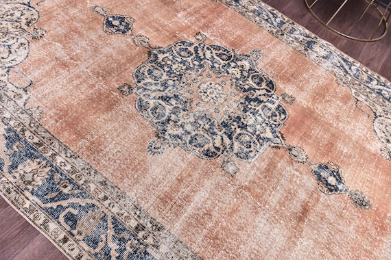 6x11 Vintage Persian Medallion Rug, Terracotta Navy Blue Color, 6x11 Handmade Wool Rug, Farmhouse Decor, 6x11 Area Rug, Persian Style Rug