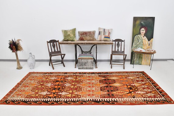 5x11 Brown & Red Wide Kilim Rug, 5x11 Kilim Rug, Handmade Wool Rug, 5x11 Rugs, Long Wide Hallway, Orange Brown Carpet, Kilim Rug 5x11, 58s