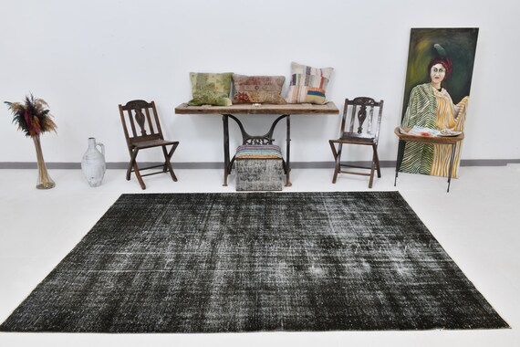 6x9 Faded Distressed Vintage Rug 6x9, Handmade Oushak Rug, Faded Black Rug, Black Vintage Rug Turkey Rug, 6x9 Rug, Living Room Tapis Carpets
