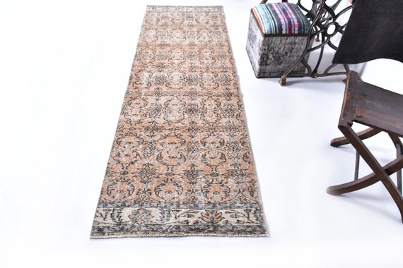 2x9 Retro Vintage Runner Rug, 2x9 Orange Beige Vintage Runner, 2x9 Rugs, Aesthetic Handmade Wool Rug, 2x9 Runner Rug, Rug For Kitchen Tapis