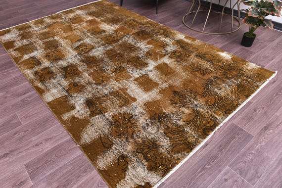 6x9 Vintage Distressed Rug, Handmade Wool Rug, 6x9  Living Room Bedroom Rug, Golden Mustard Brown Color, 6x9 Area Rug,