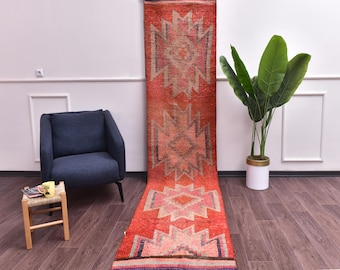 2x11 Handwoven Vintage Pale Red Runner Rug, Red Purple Color, Handmade Wool, Tribal Design, Hallway Kithcen Rug