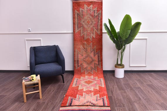2x11 Handwoven Vintage Pale Red Runner Rug, Red Purple Color, Handmade Wool, Tribal Design, Hallway Kithcen Rug