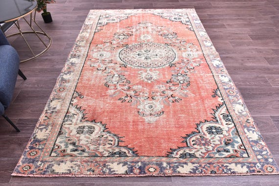 5x8 Vintage Turkish Faded Rug, 5x8 Handmade Wool Rugs, Red Blue Color,  Floral Design, 5x8 Area Rugs, Living Room Bedroom Rugs