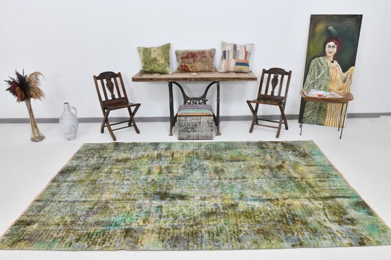 6x10 Area Rug, 6x10 Vintage Rug, 6x10 Overdye Turkish Vintage Rug, Wool Handmade Turkey, 6x10 Turkish Rug, Green Tones Carpet, Traditional