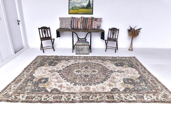7x10 Dark Green Brown Persian Rug, 7x10 Oversize Persian Rug, Large Area Rug, Heriz Handmade Wool Rug, 7x10 Rug, Persian Rug 7x10, Antique