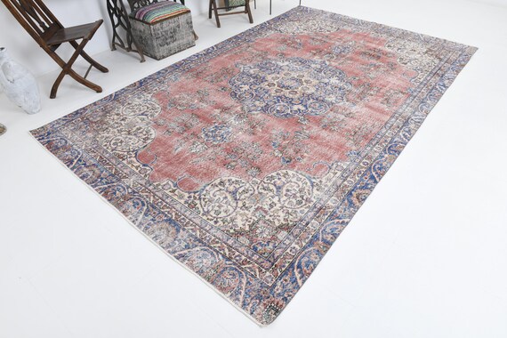 7x11 OVERSİZE VİNTAGE  Rug, Oversize Unique Rug, Oversize Rug 7x11, Large Unique Rug, Area Rug 7x11, Blue and Dark Red Rug 7x11