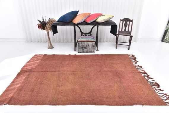 5x8 Brunt Orange Vintage Hemp Rug, 5x8 Hemp Rug, 5x8 Rug, Fringed Handmade Hemp Rug, 5x8 Area Rug, Bohemian Eclectic Style, Living Room Rug