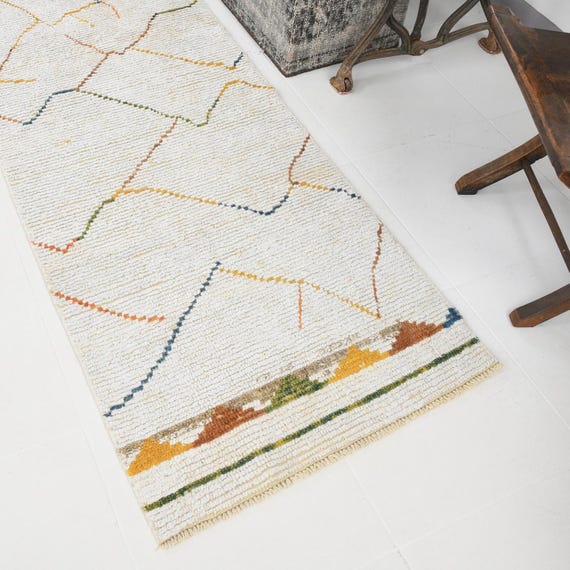 2x8 Rainbow Hemp Runner Rug, 2x8, Narrow Vintage Runner, Handmade Hemp Rug, Vintage Runner, White & Beige Tones, Anatolia
